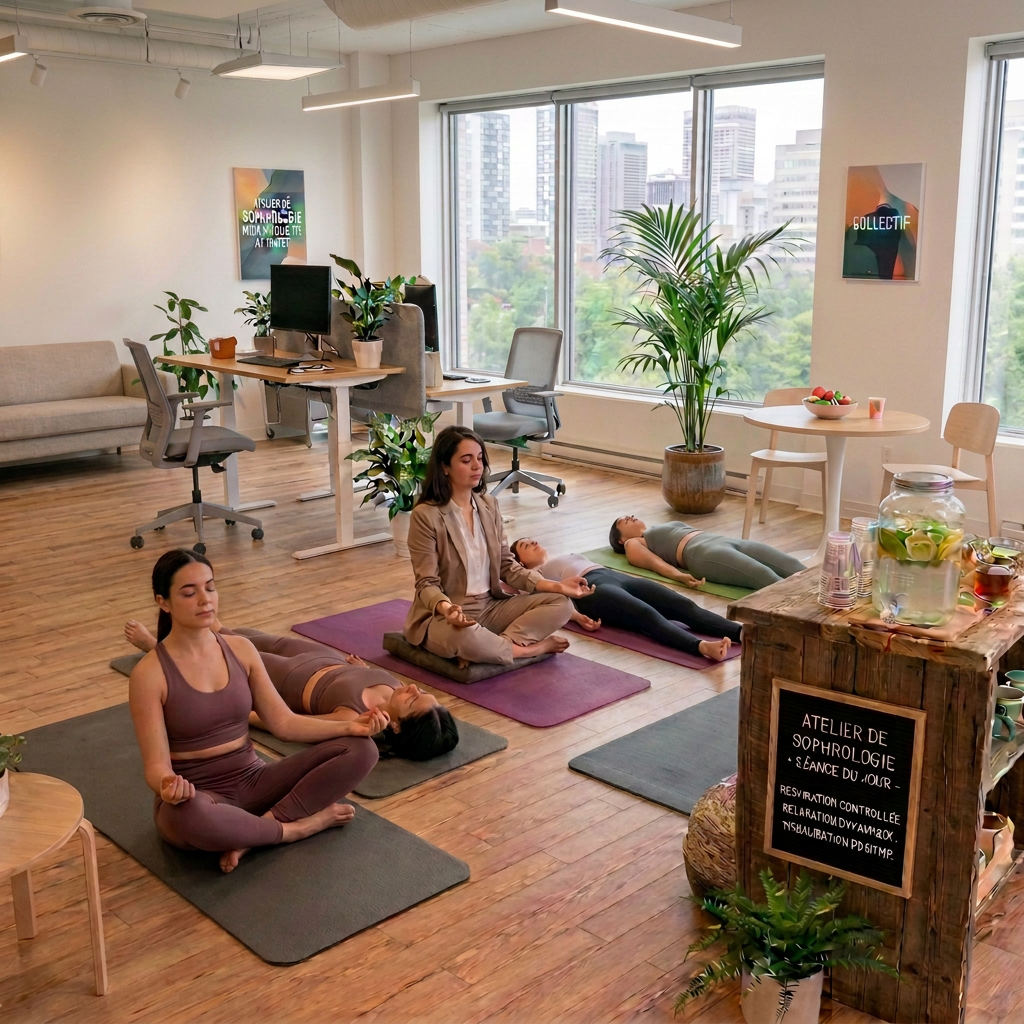 Colleagues working, eating, and practicing yoga; sign reads “BIEN-ÊTRE EN ENTREPRISE PAUSE SANTÉ / ÉQUILIBRE AU TRAVAIL.”