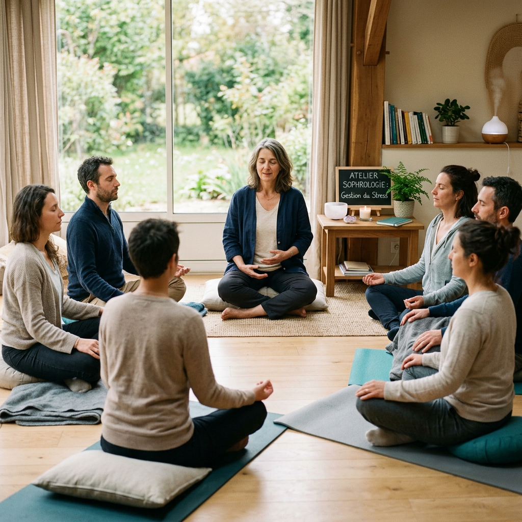 Group seated in meditation during a stress-management workshop